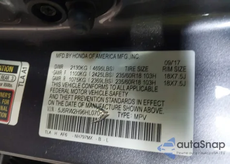 2017 Honda Cr-V Touring from USA, damaged, VIN 5J6RW2H96HL070546